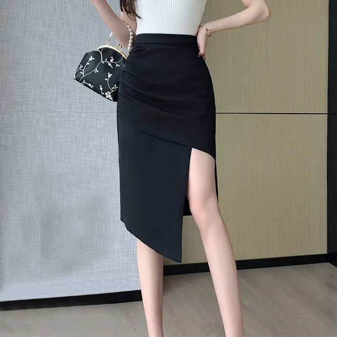 Slit Irregular High Waist Pleated Medium Skirt