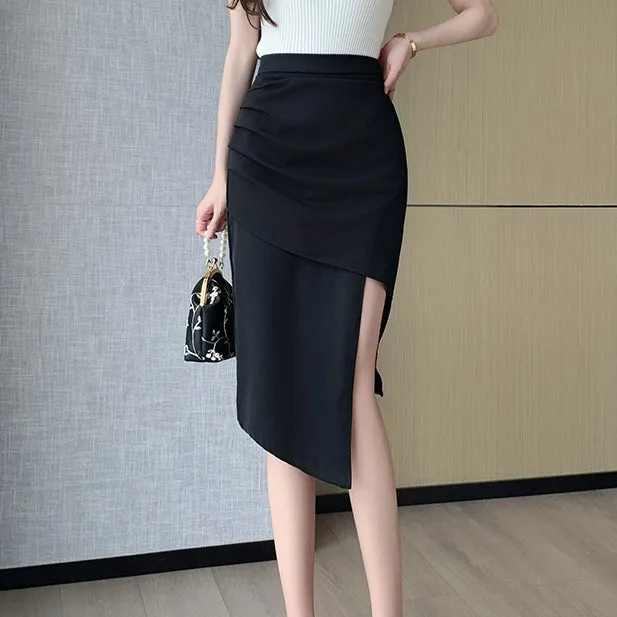 Slit Irregular High Waist Pleated Medium Skirt