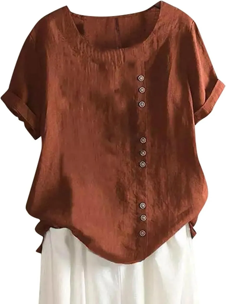 Summer Going Out Tops for Women 2025 Short Sleeve Crewneck Lined Casual Shirts Plus Size Button Down Solid Blouses
