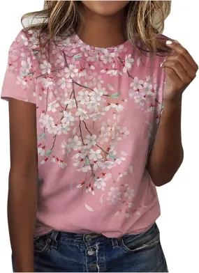 Summer Tops,Women's Round Neck Fashion Casual Top Short Sleeve Printed Loose Pullover