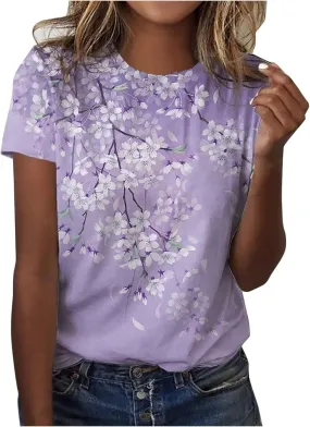 Summer Tops,Women's Round Neck Fashion Casual Top Short Sleeve Printed Loose Pullover