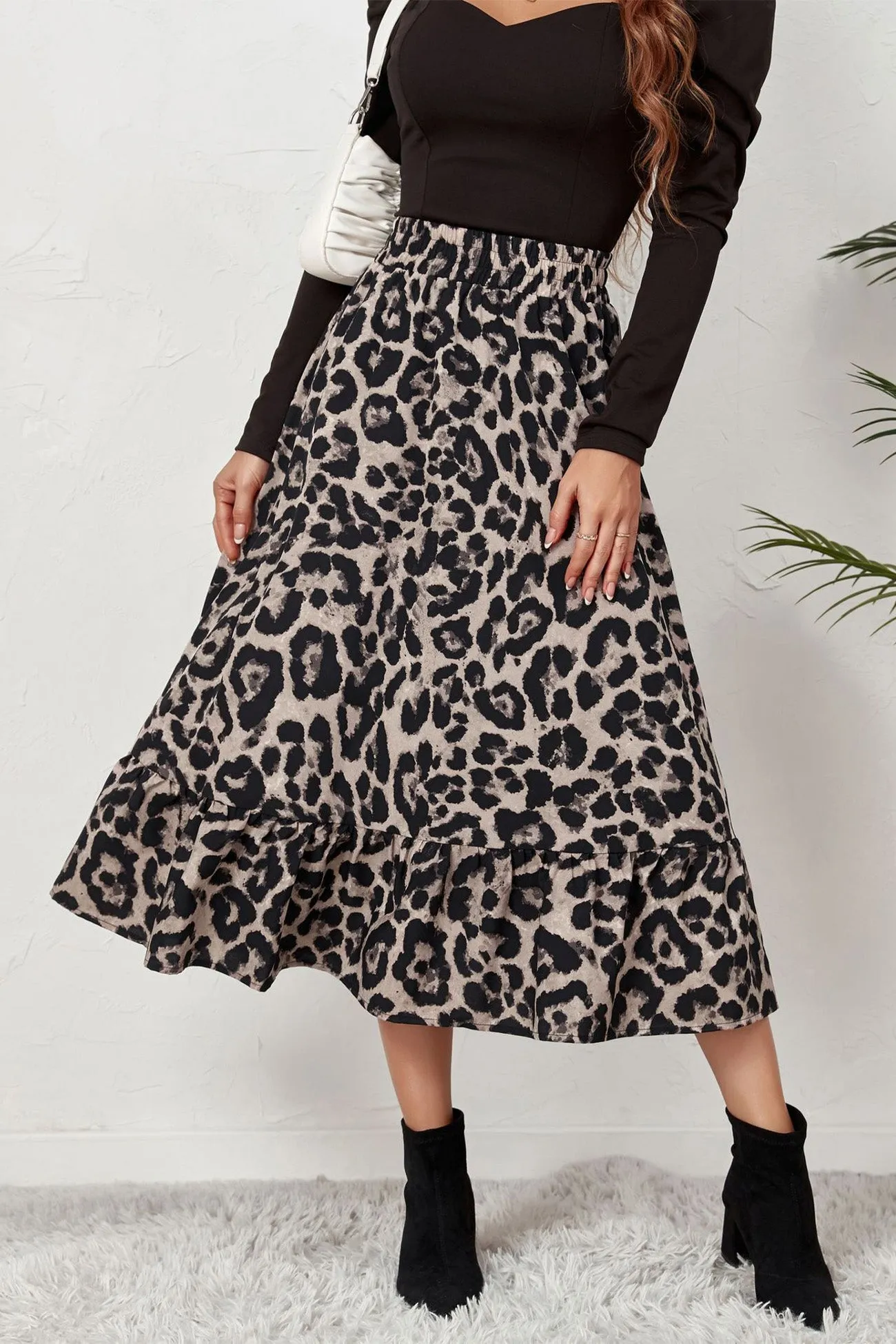 TastyHottie - Leopard Print Hem Pleated High Waist Skirt