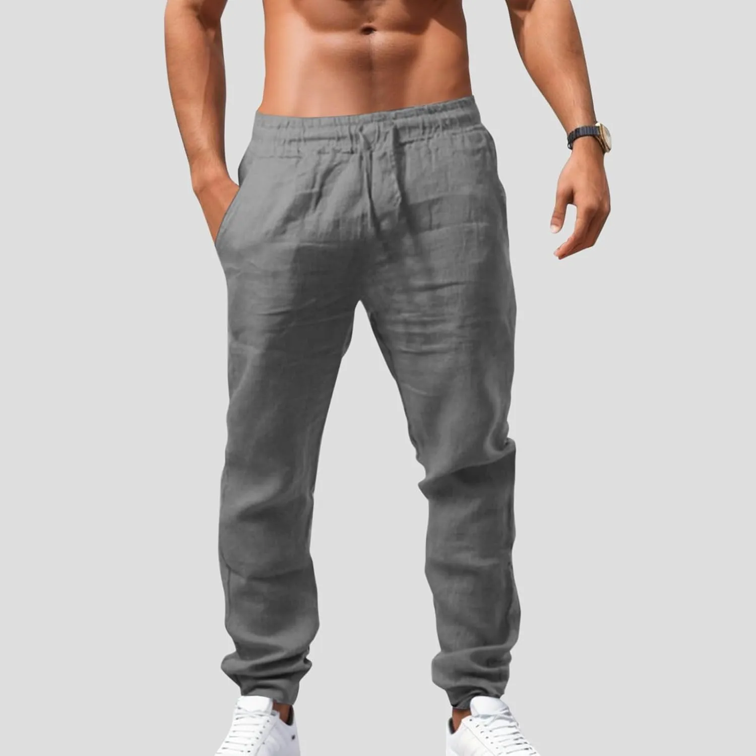 Vickyleb Men Cotton Linen Pants Casual Straight Leg Pleated Drawstring Workout Pants Relaxed Fit Tapered Trousers