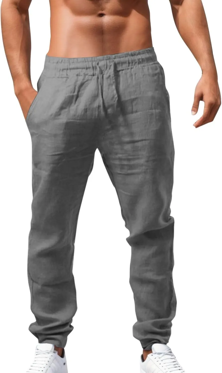 Vickyleb Men Cotton Linen Pants Casual Straight Leg Pleated Drawstring Workout Pants Relaxed Fit Tapered Trousers