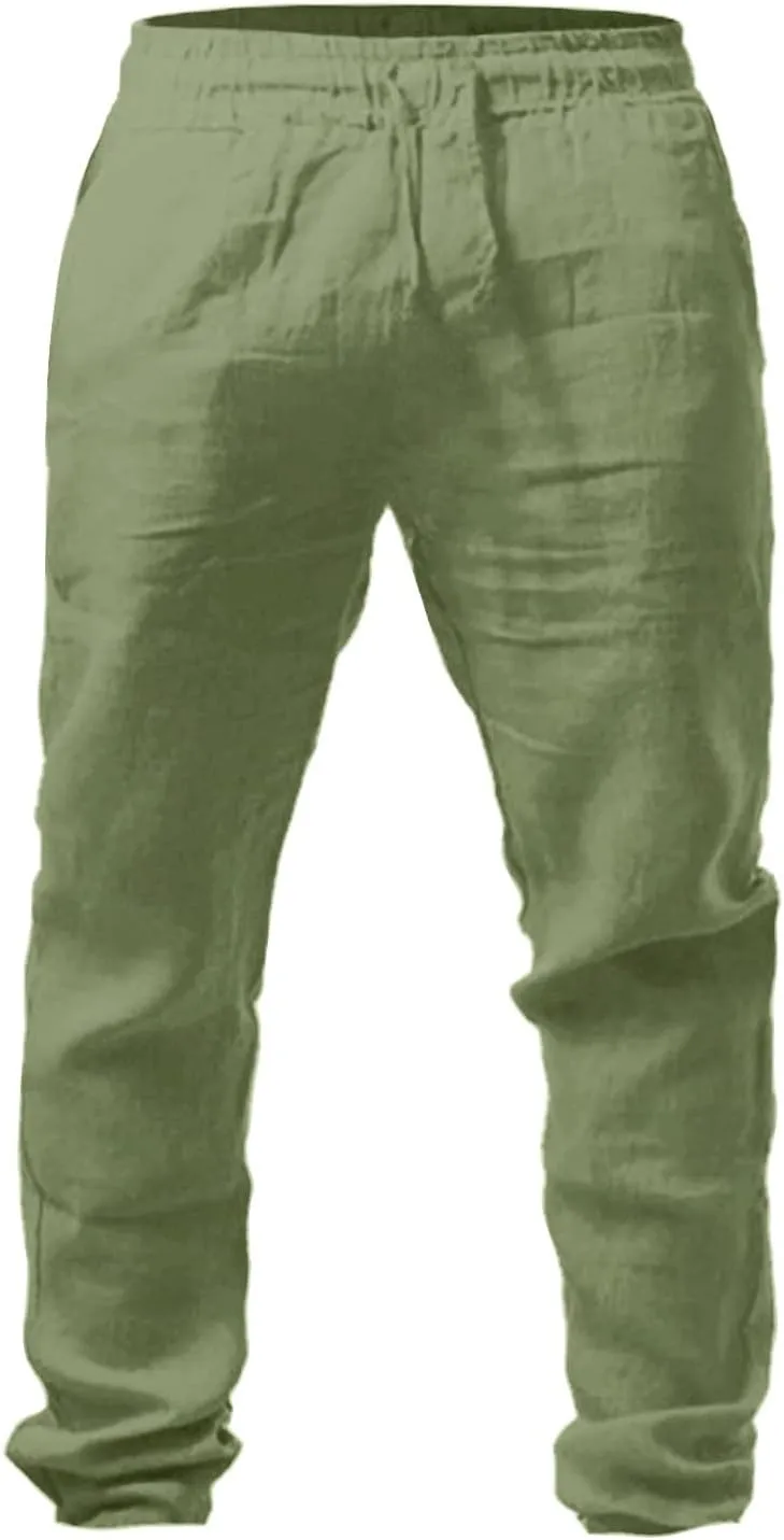 Vickyleb Men Cotton Linen Pants Casual Straight Leg Pleated Drawstring Workout Pants Relaxed Fit Tapered Trousers