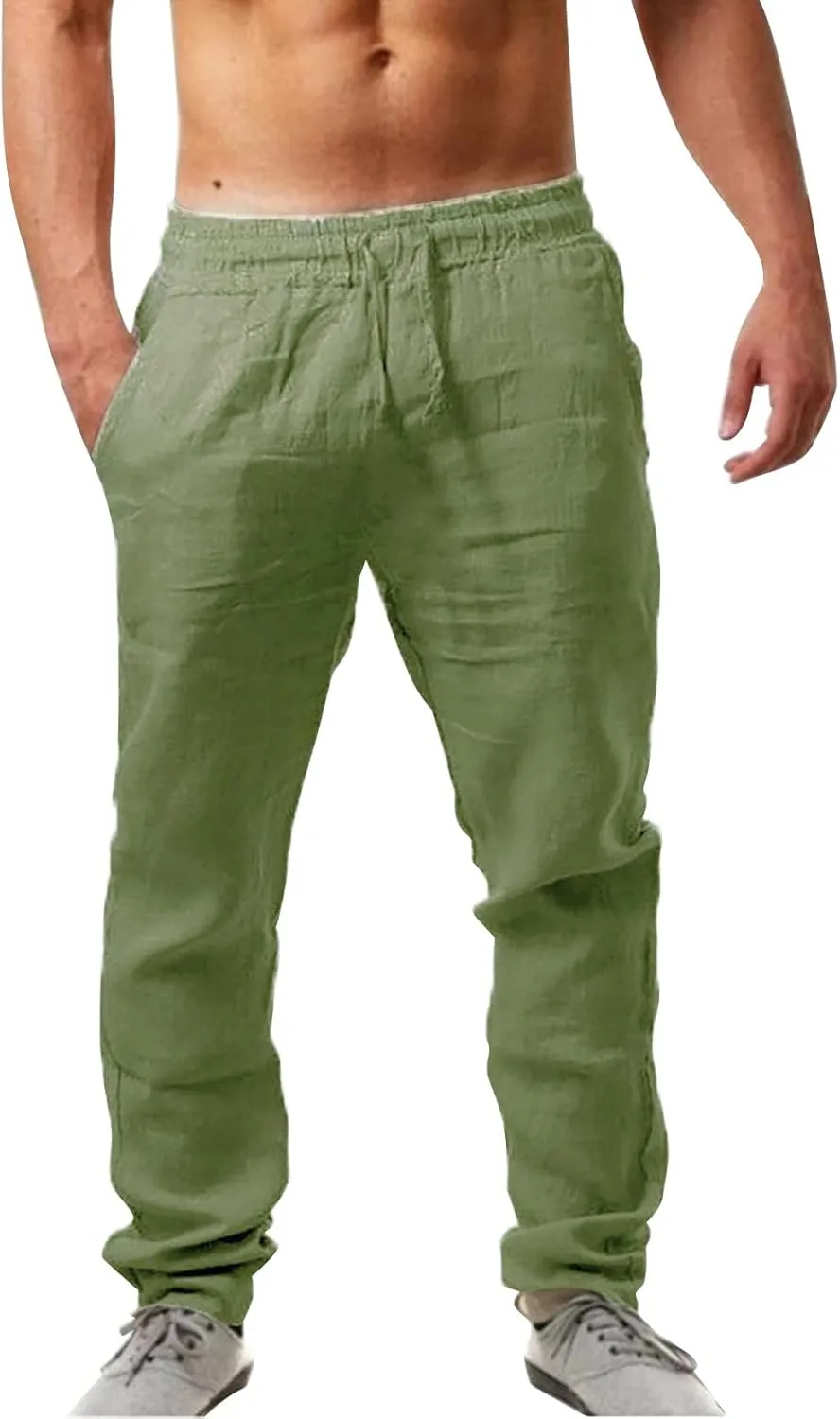 Vickyleb Men Cotton Linen Pants Casual Straight Leg Pleated Drawstring Workout Pants Relaxed Fit Tapered Trousers