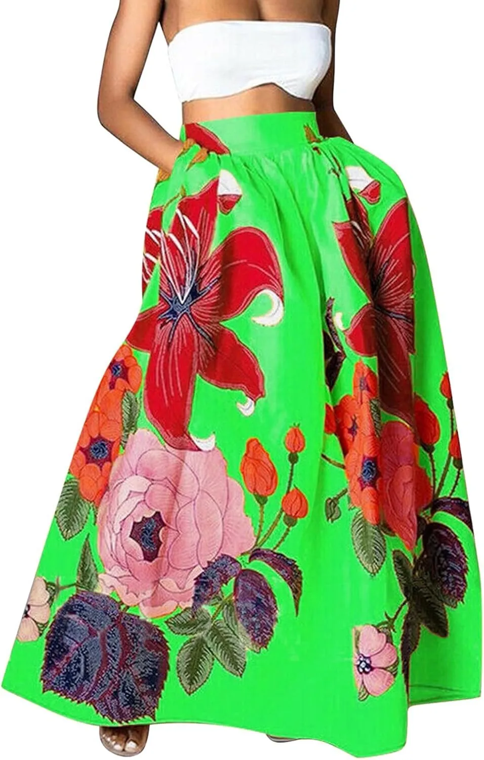 Women Casual 2025 Maxi Skirt Floral Flowy Bohemian Vintage A Line Trendy Dress Spring Beach Skirts with Pockets