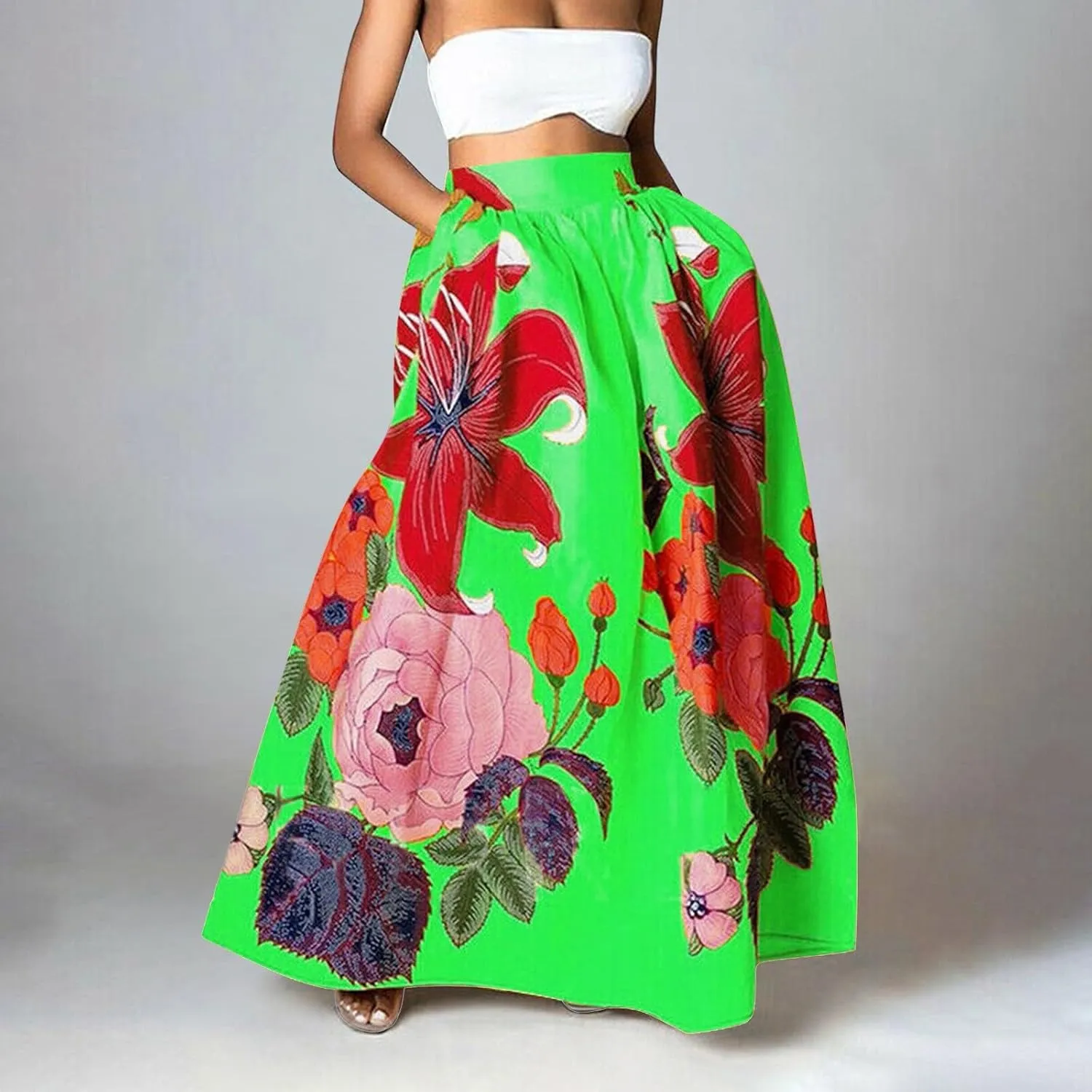 Women Casual 2025 Maxi Skirt Floral Flowy Bohemian Vintage A Line Trendy Dress Spring Beach Skirts with Pockets