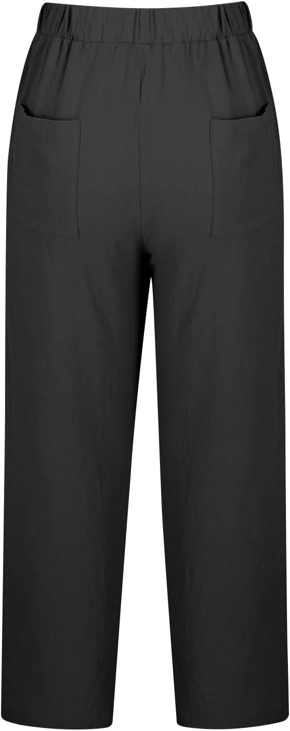Women Linen Capri Pants Lightweight Cotton Linend Summer Pants Casual Beach Drawstring Elastic Waist Trousers