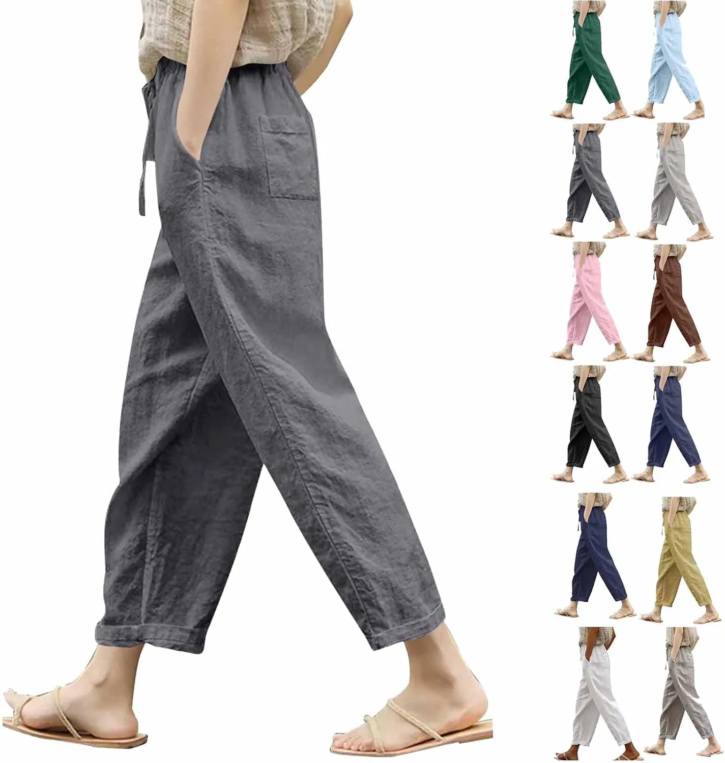 Women Linen Capri Pants Lightweight Cotton Linend Summer Pants Casual Beach Drawstring Elastic Waist Trousers