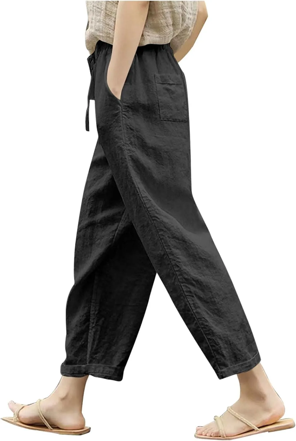 Women Linen Capri Pants Lightweight Cotton Linend Summer Pants Casual Beach Drawstring Elastic Waist Trousers