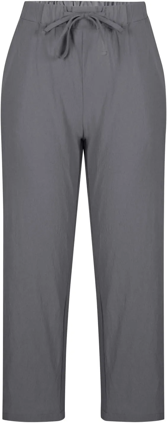 Women Linen Capri Pants Lightweight Cotton Linend Summer Pants Casual Beach Drawstring Elastic Waist Trousers
