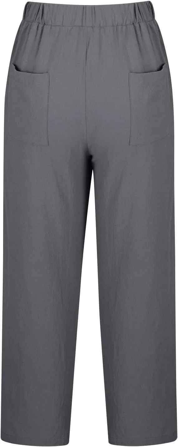 Women Linen Capri Pants Lightweight Cotton Linend Summer Pants Casual Beach Drawstring Elastic Waist Trousers