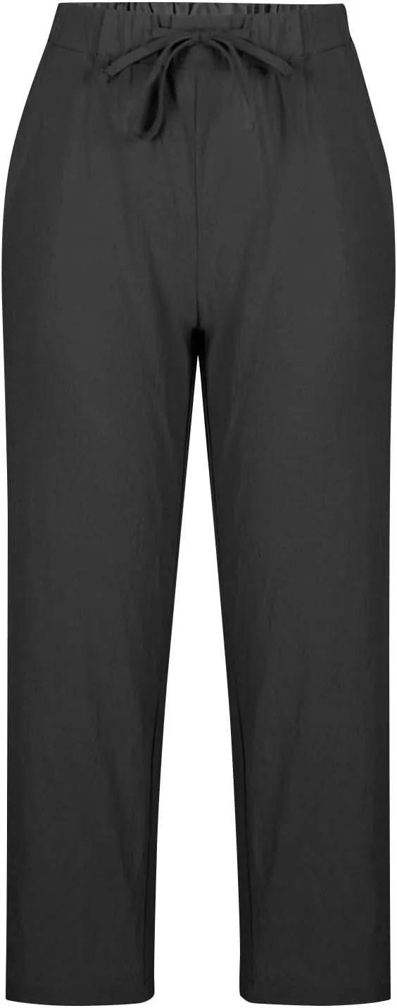 Women Linen Capri Pants Lightweight Cotton Linend Summer Pants Casual Beach Drawstring Elastic Waist Trousers