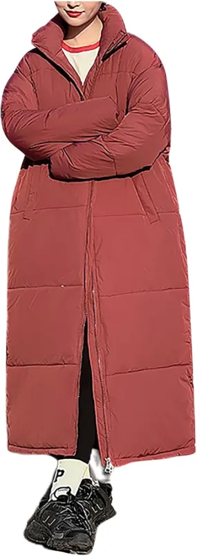 Women Long Winter Coat Warm Thickened Stand-Collar Hoodless Down Jacket Ankle-Length Puffer Coat Outwear with Pockets