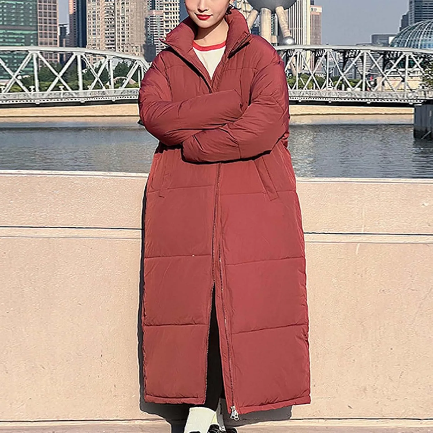 Women Long Winter Coat Warm Thickened Stand-Collar Hoodless Down Jacket Ankle-Length Puffer Coat Outwear with Pockets