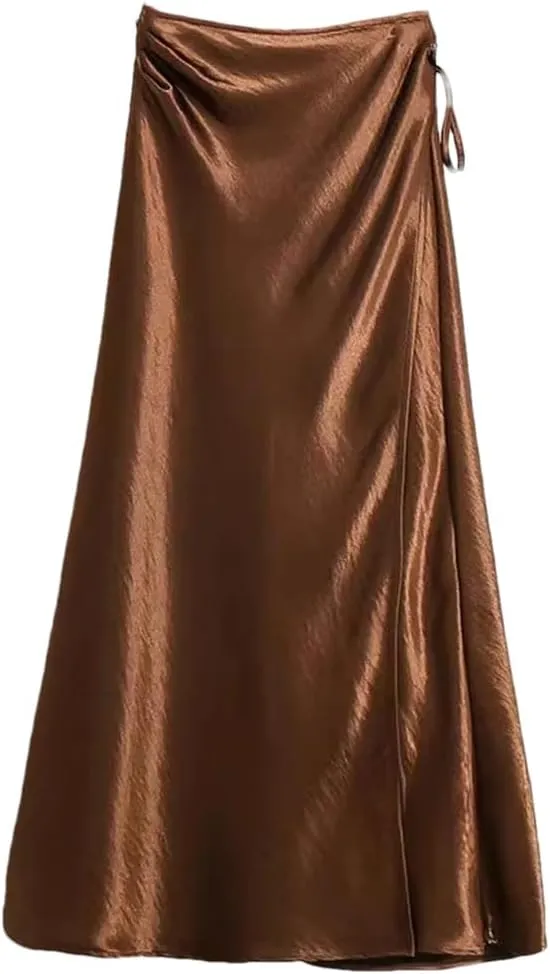 Women Spring Summer Elegant Long Skirts Lace-Up Satin A-Line Skirt with Slit