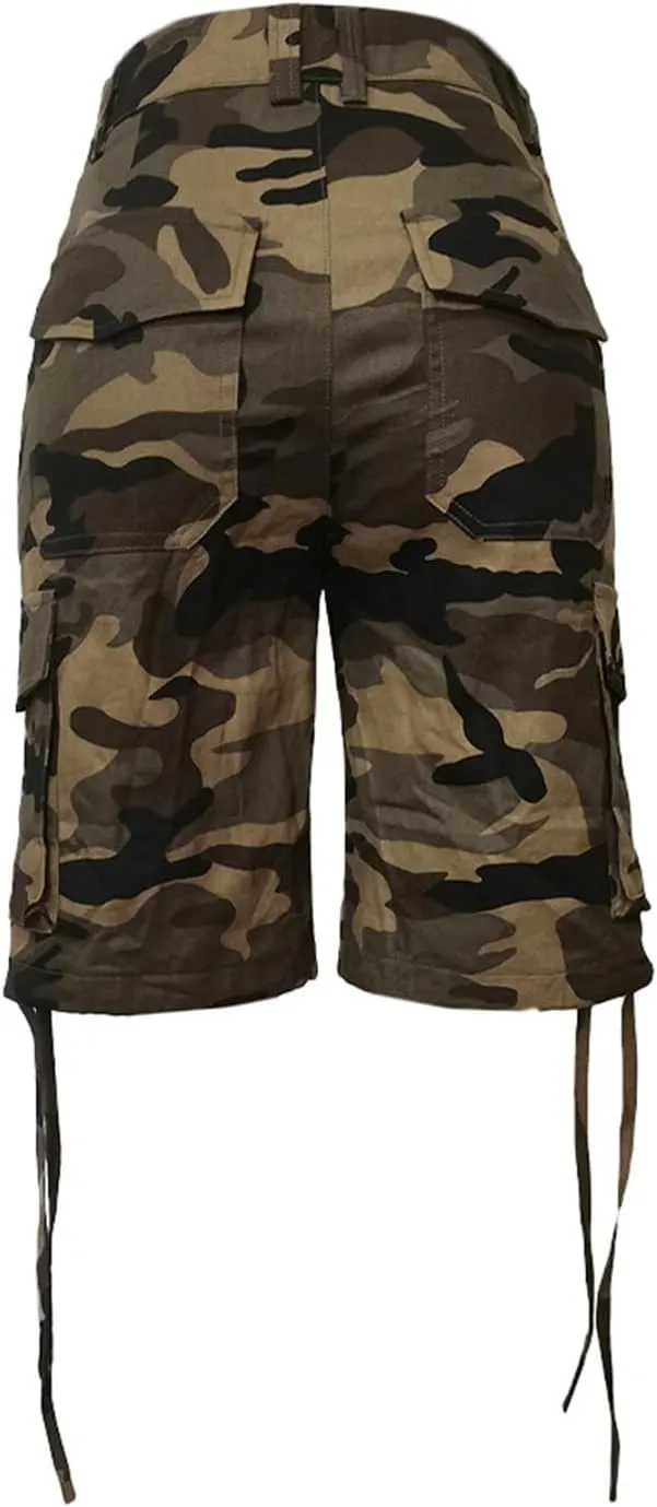 Womens Bermuda 7" Shorts Camo Print Elastic Waist Pocketed Casual Shorts Summer Fashion Workout Cargo Shorts for Ladies