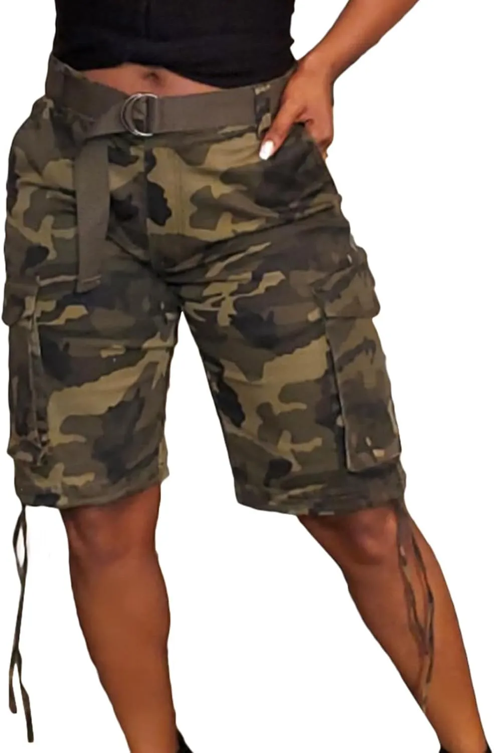 Womens Bermuda 7" Shorts Camo Print Elastic Waist Pocketed Casual Shorts Summer Fashion Workout Cargo Shorts for Ladies