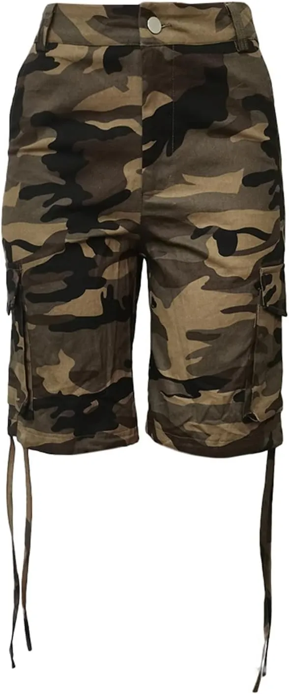 Womens Bermuda 7" Shorts Camo Print Elastic Waist Pocketed Casual Shorts Summer Fashion Workout Cargo Shorts for Ladies