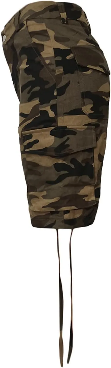 Womens Bermuda 7" Shorts Camo Print Elastic Waist Pocketed Casual Shorts Summer Fashion Workout Cargo Shorts for Ladies