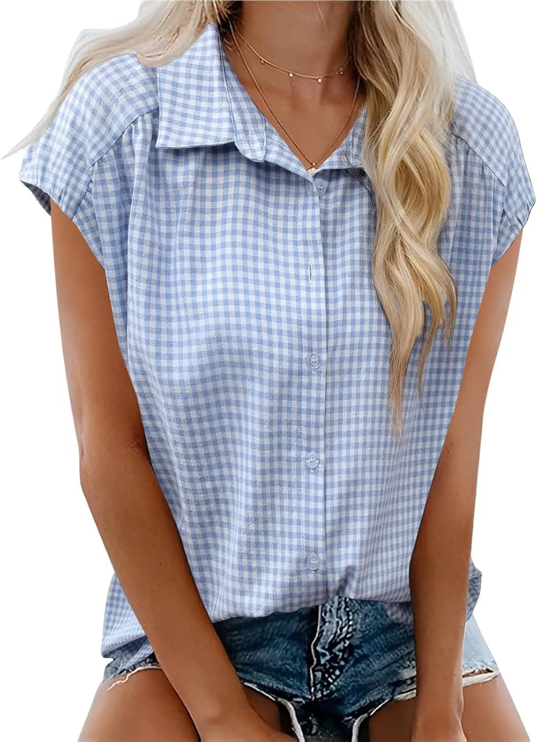 Women's Cap Sleeve Button Down Shirts Vintage Plaid Print Collared Blouse Dressy Casual Summer Tops