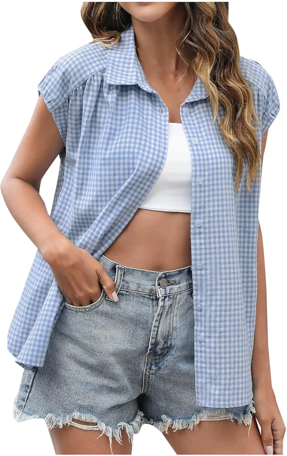 Women's Cap Sleeve Button Down Shirts Vintage Plaid Print Collared Blouse Dressy Casual Summer Tops