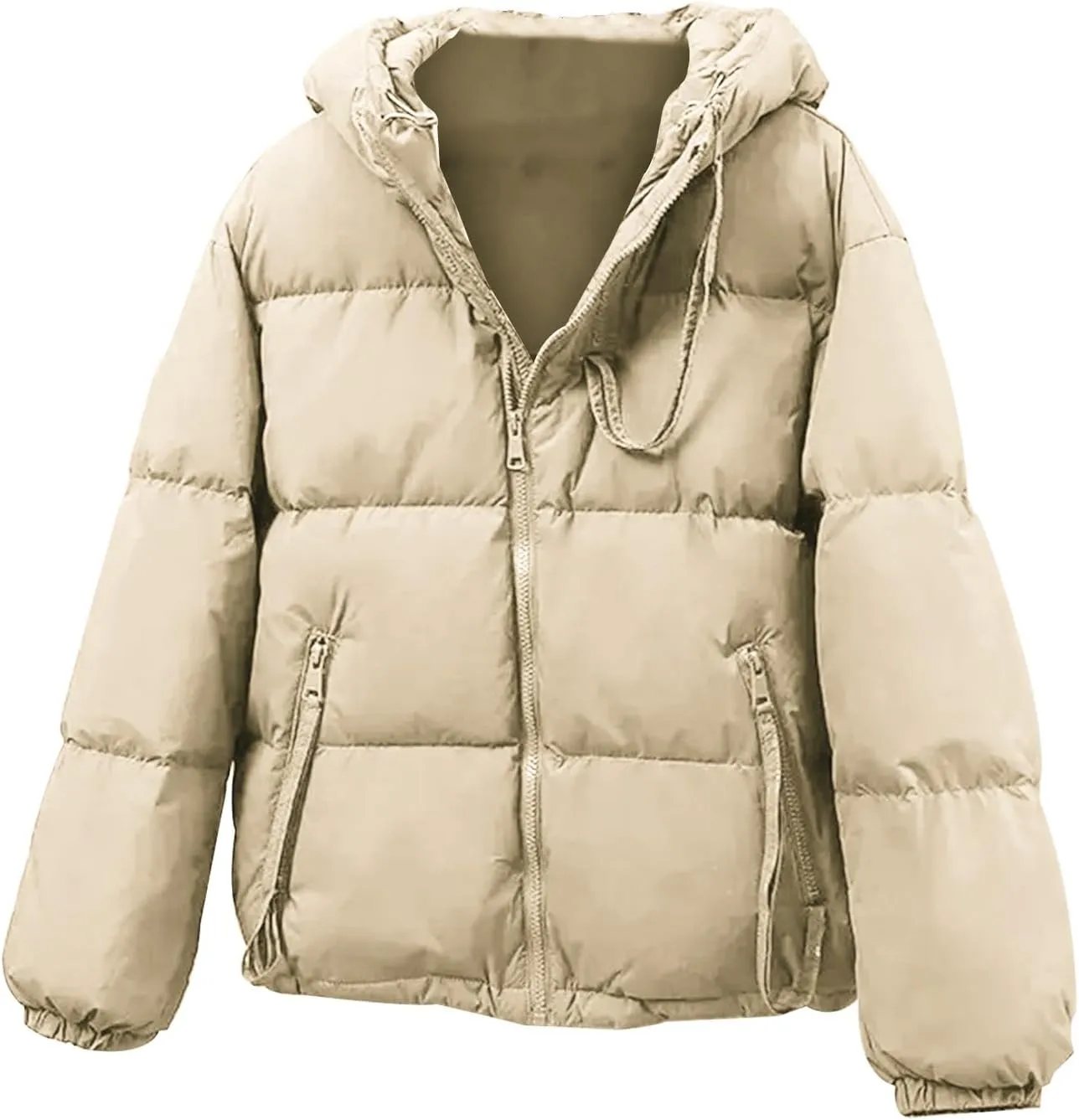 Womens Casual Zip Solid Quilted Puffer Coat Long Sleeve Insulated Down Coat with Hood Fitted Soft Overcoat Winter Suits