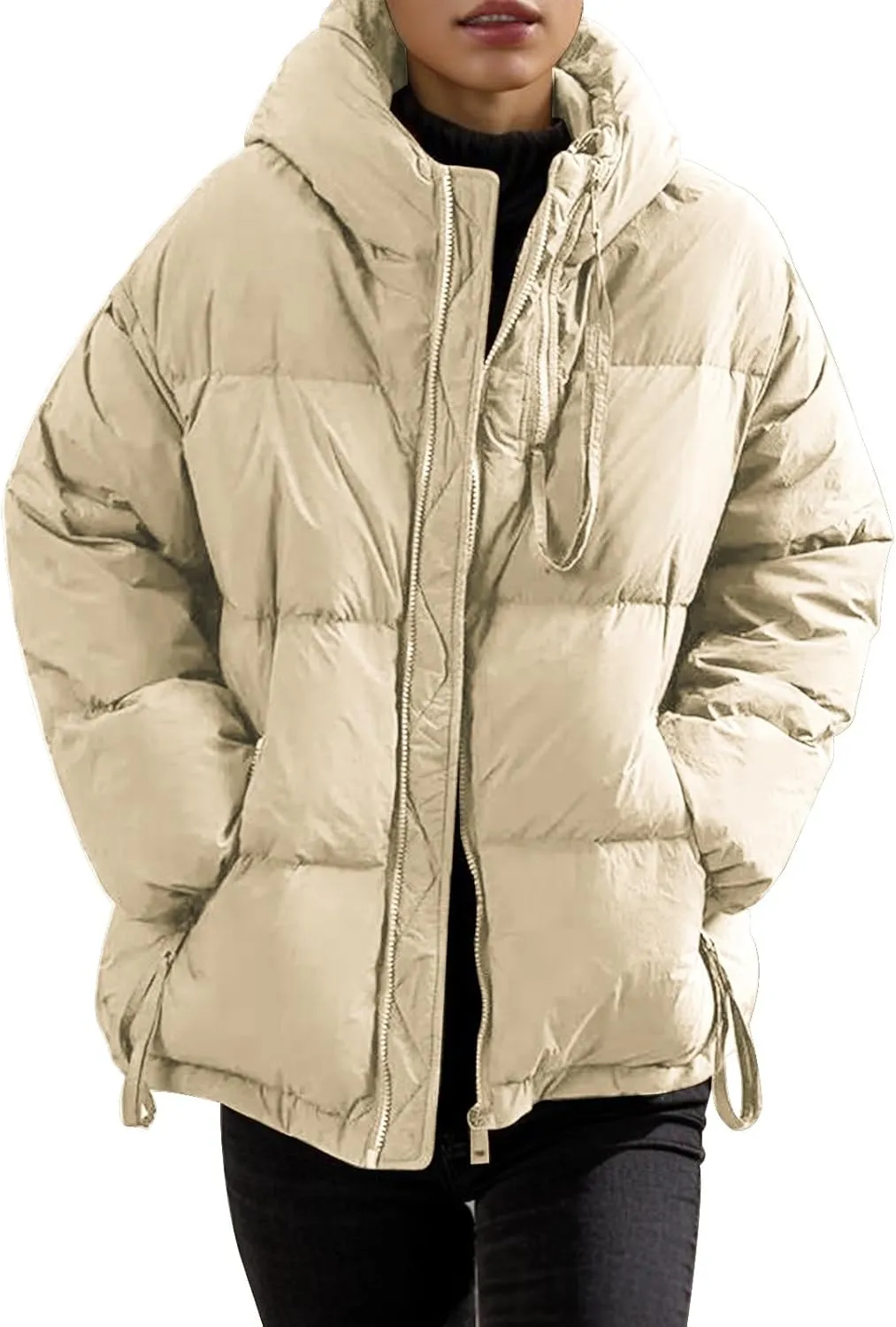 Womens Casual Zip Solid Quilted Puffer Coat Long Sleeve Insulated Down Coat with Hood Fitted Soft Overcoat Winter Suits