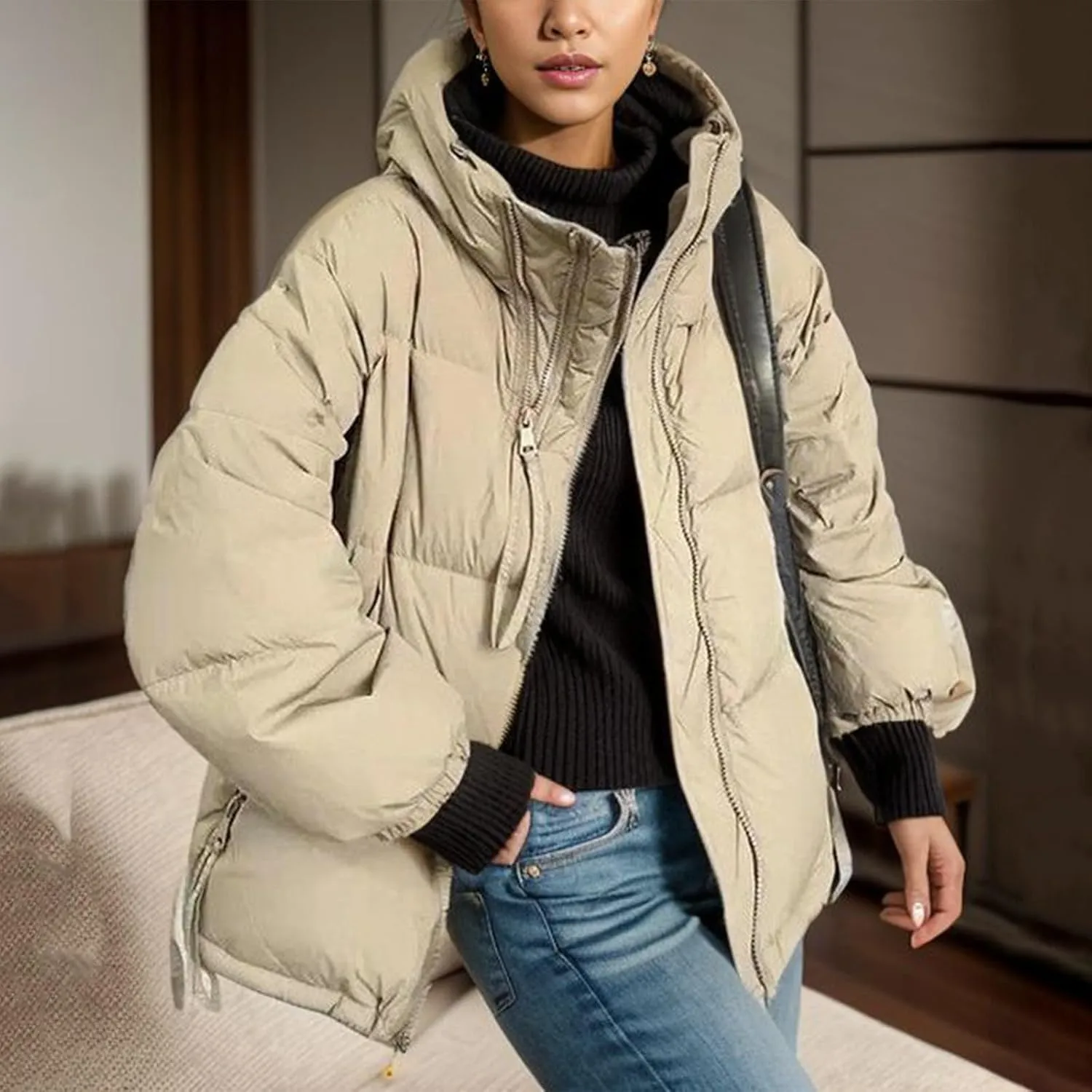 Womens Casual Zip Solid Quilted Puffer Coat Long Sleeve Insulated Down Coat with Hood Fitted Soft Overcoat Winter Suits
