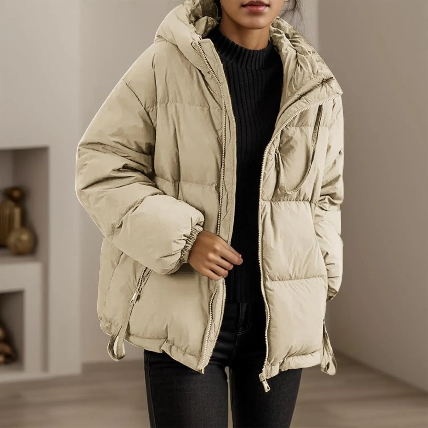 Womens Casual Zip Solid Quilted Puffer Coat Long Sleeve Insulated Down Coat with Hood Fitted Soft Overcoat Winter Suits