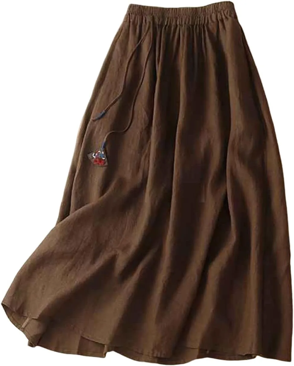 Women's Cotton Gauze Long Skirts Drawstring Waist A Line Beach Flowy Midi Skirt Vintage Vacation Linen Beach Skirts