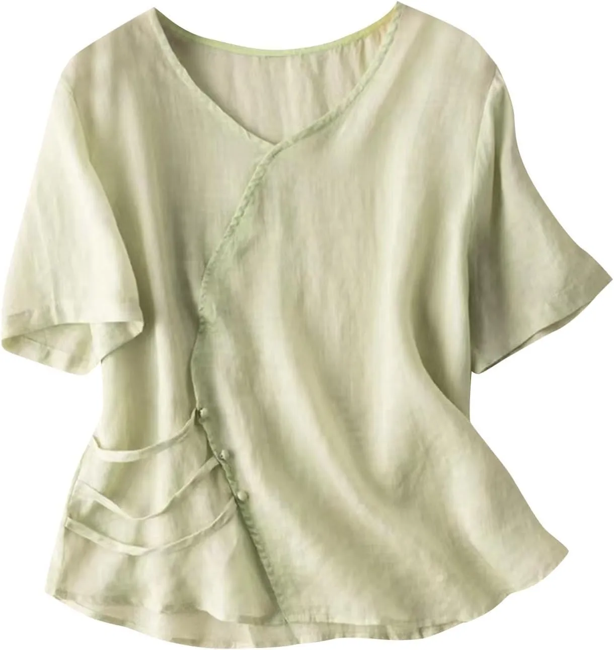 Womens Cotton Linen Elbow Sleeve Shirts Summer Casual Half Sleeve Tops Casual Flowy Plain Tees Loose V Neck Blouse