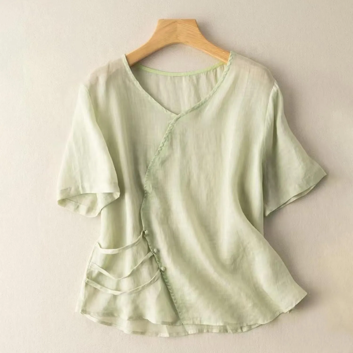 Womens Cotton Linen Elbow Sleeve Shirts Summer Casual Half Sleeve Tops Casual Flowy Plain Tees Loose V Neck Blouse