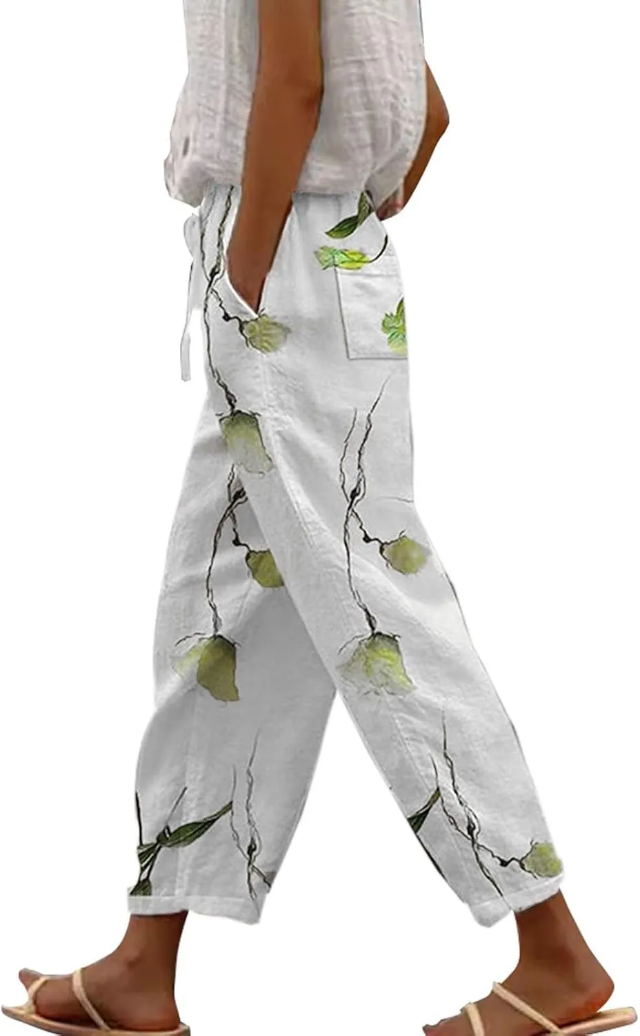 Women's Linen Capris with Pockets Striped High Waisted Relaxed Fit Floral Printed Boho Beach Vacation Trousers