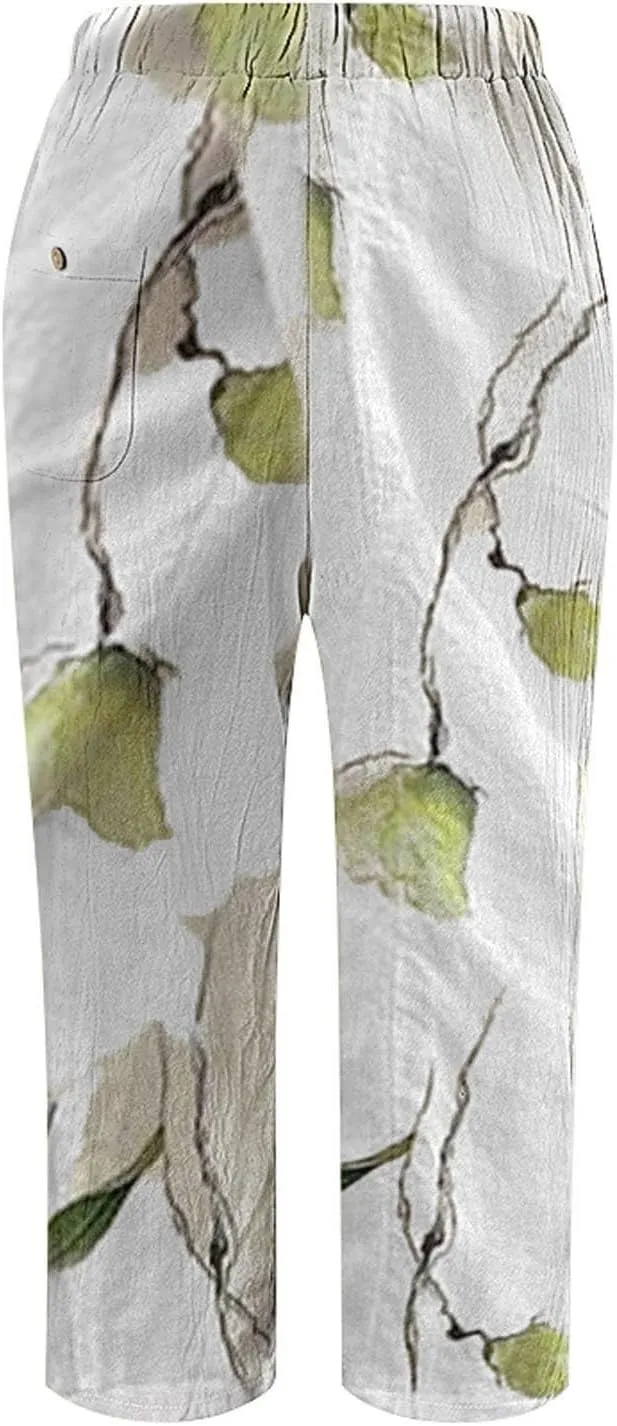 Women's Linen Capris with Pockets Striped High Waisted Relaxed Fit Floral Printed Boho Beach Vacation Trousers