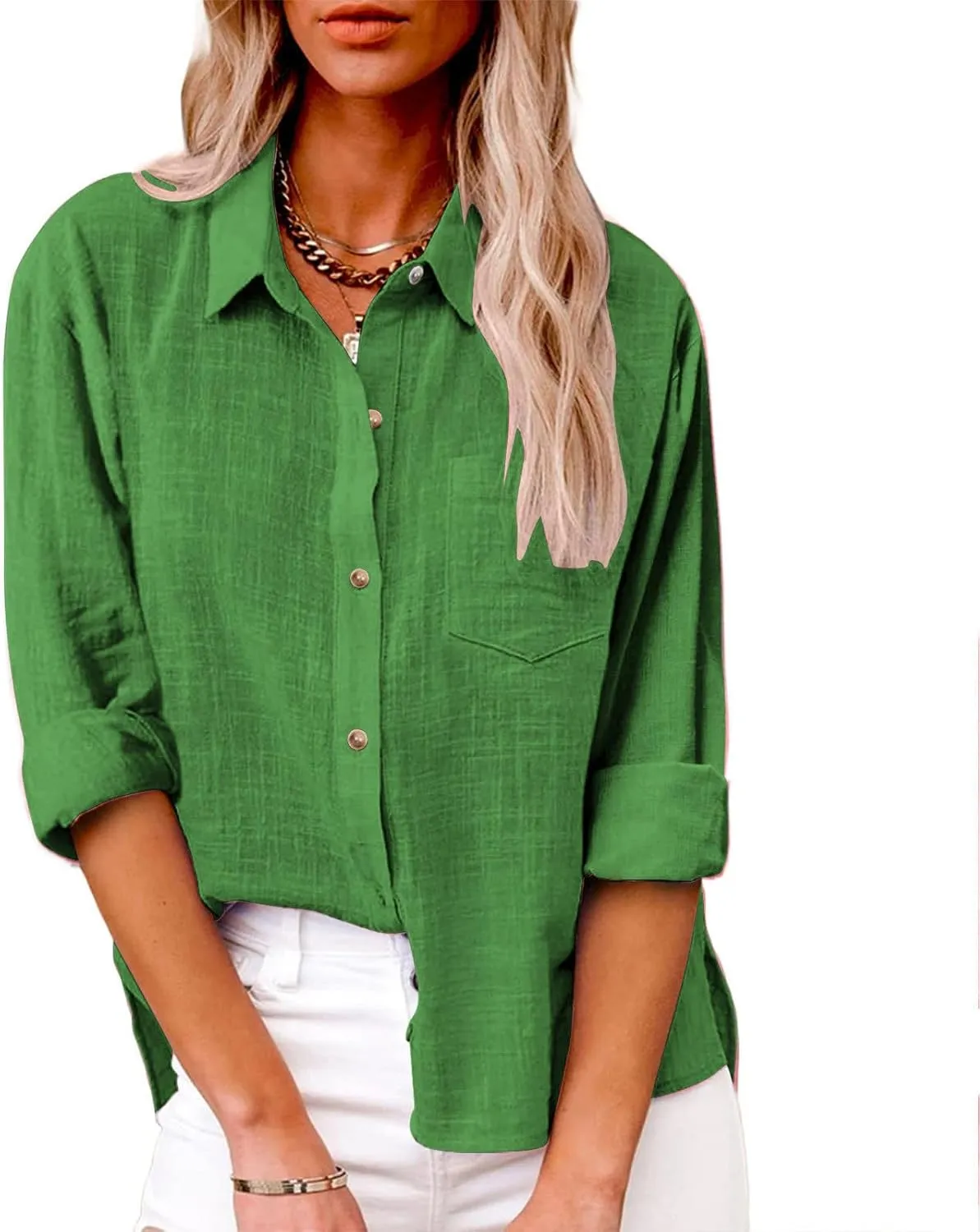 Womens Long Sleeve Cotton Linen Shirts V Neck Button Down Blouse Casual Collared Work Tops Loose Fit Casual Tshirt