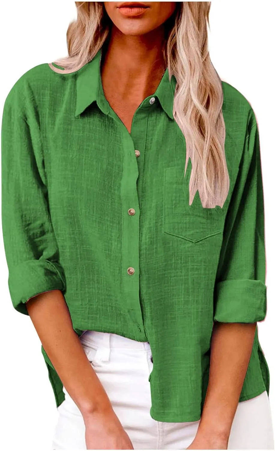 Womens Long Sleeve Cotton Linen Shirts V Neck Button Down Blouse Casual Collared Work Tops Loose Fit Casual Tshirt