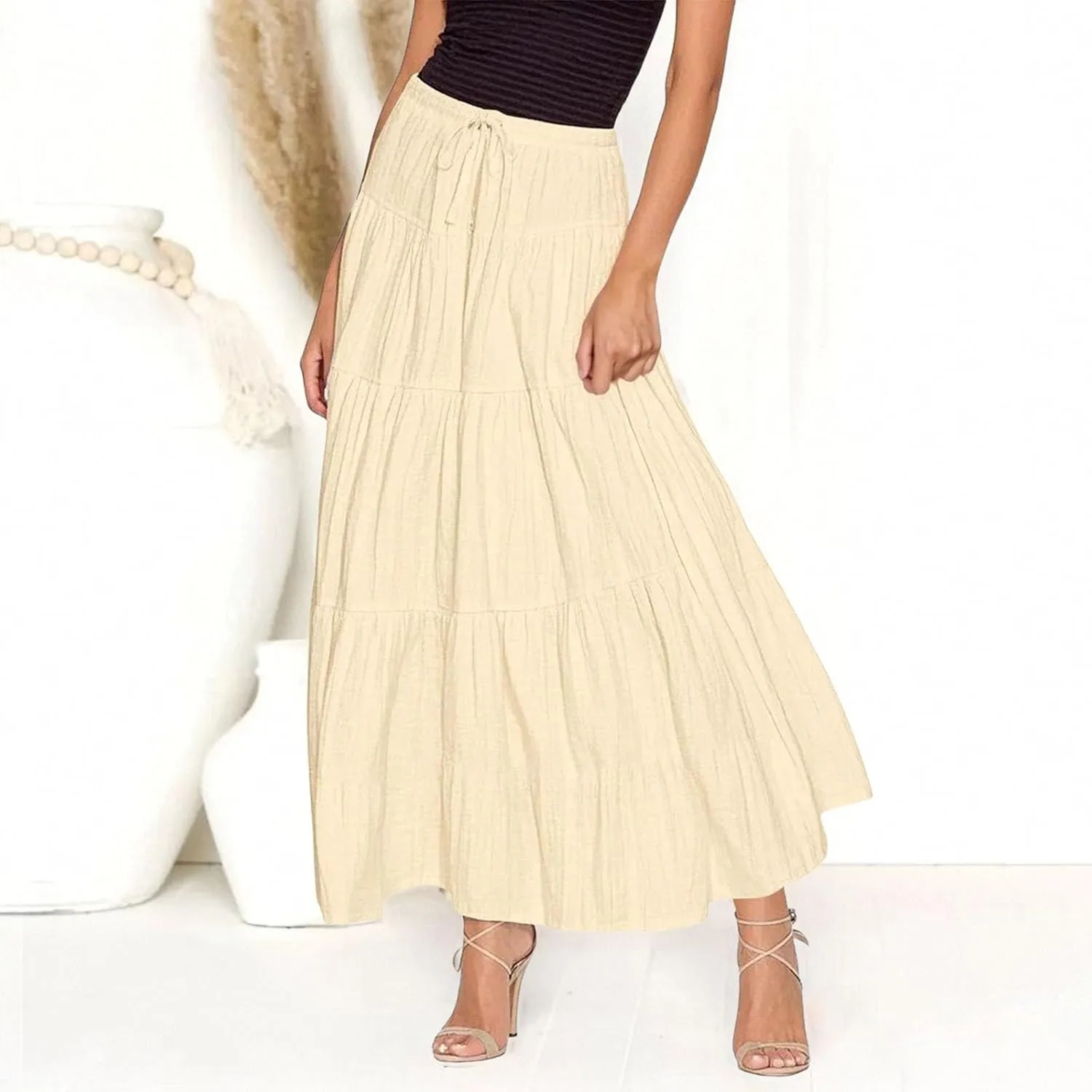 Womens Maxi Skirt Summer Floral Printed Boho Easter Long Skirts A Line Tiered Beach Vacation Dress with Pockets