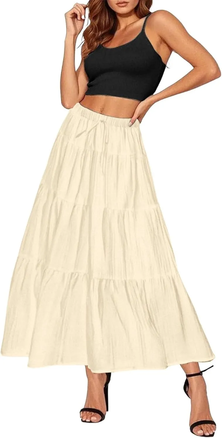 Womens Maxi Skirt Summer Floral Printed Boho Easter Long Skirts A Line Tiered Beach Vacation Dress with Pockets