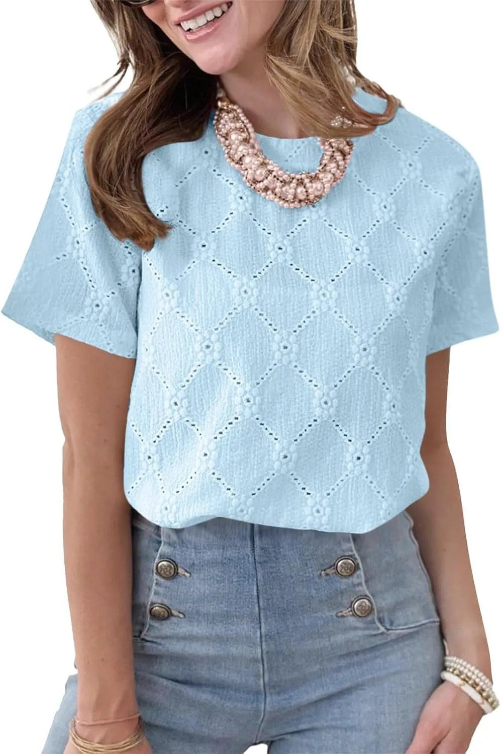 Women's Summer Tops Casual Crew Neck Short Sleeve Eyelet Embroidered Hollow Out Blouses Loose Fit Shirts