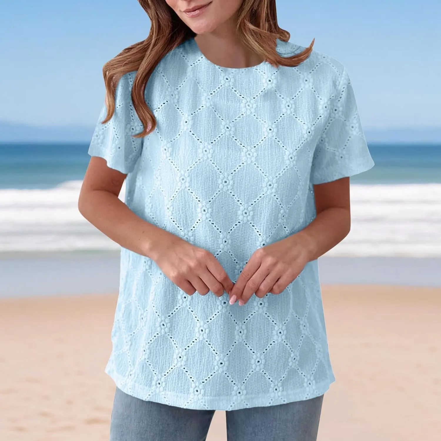 Women's Summer Tops Casual Crew Neck Short Sleeve Eyelet Embroidered Hollow Out Blouses Loose Fit Shirts