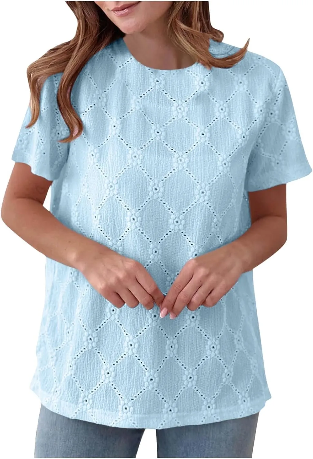 Women's Summer Tops Casual Crew Neck Short Sleeve Eyelet Embroidered Hollow Out Blouses Loose Fit Shirts