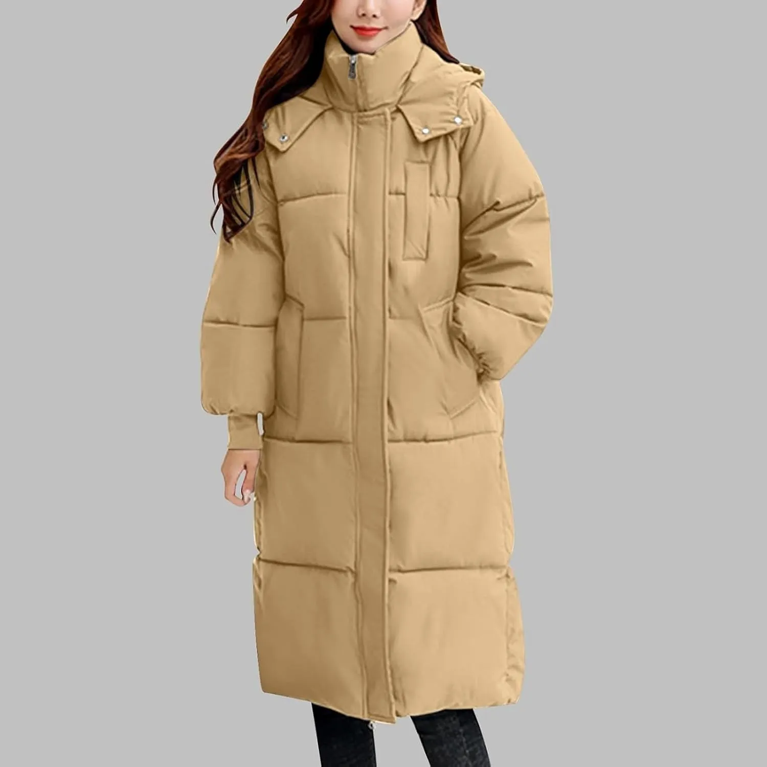 Womens Temperament Long Puffer Coat for Womens Long Sleeve Zipper Down Coat with Pockets Windproof Warm Fitted Outwear