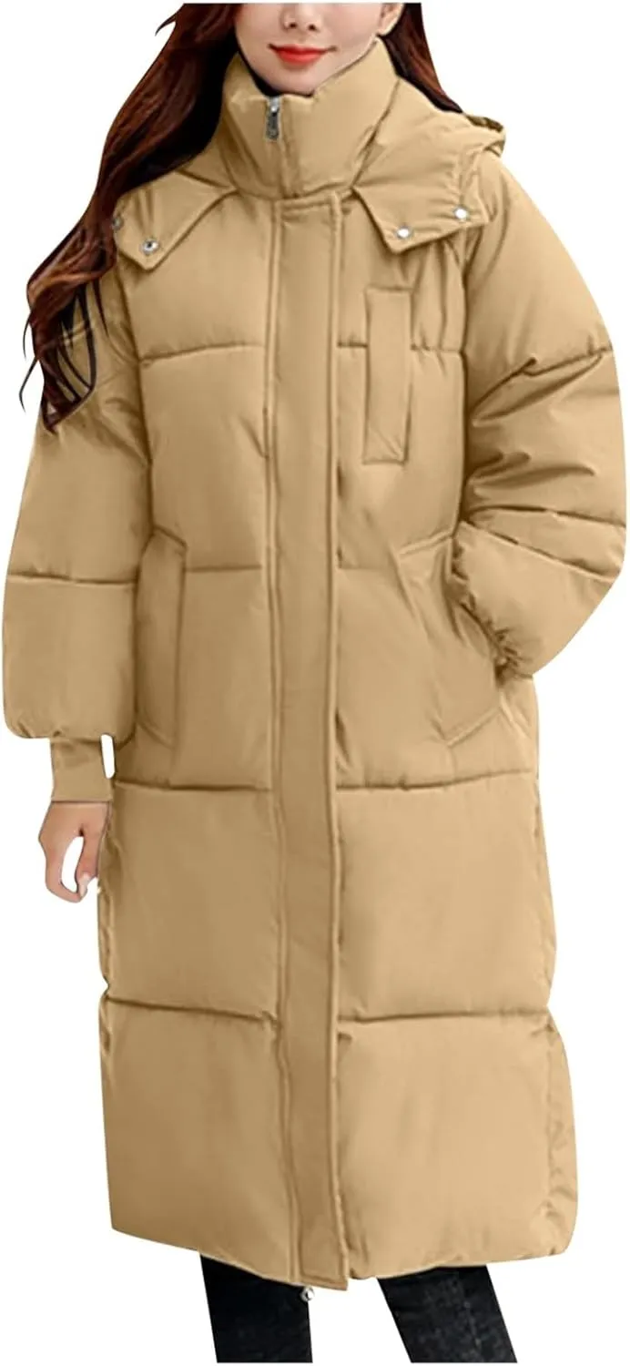 Womens Temperament Long Puffer Coat for Womens Long Sleeve Zipper Down Coat with Pockets Windproof Warm Fitted Outwear
