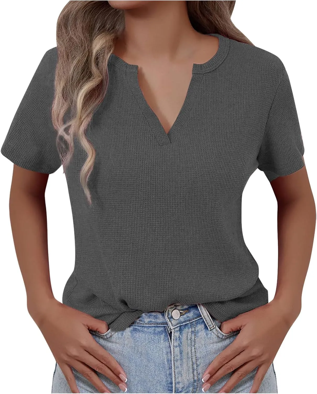 Women's Waffle Knit Tops Loose Short Sleeve V-Neck Shirts Summer Casual Blouse