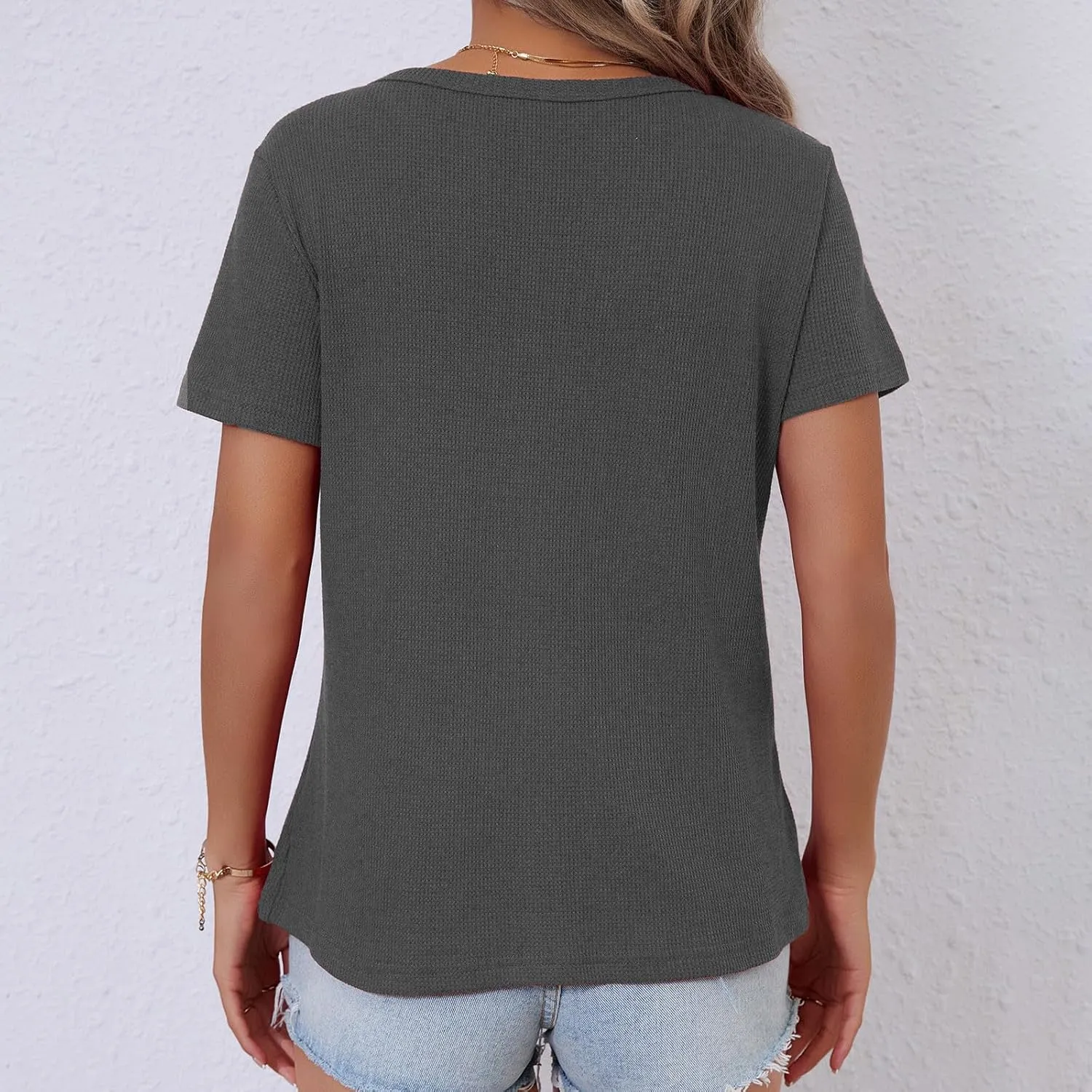 Women's Waffle Knit Tops Loose Short Sleeve V-Neck Shirts Summer Casual Blouse