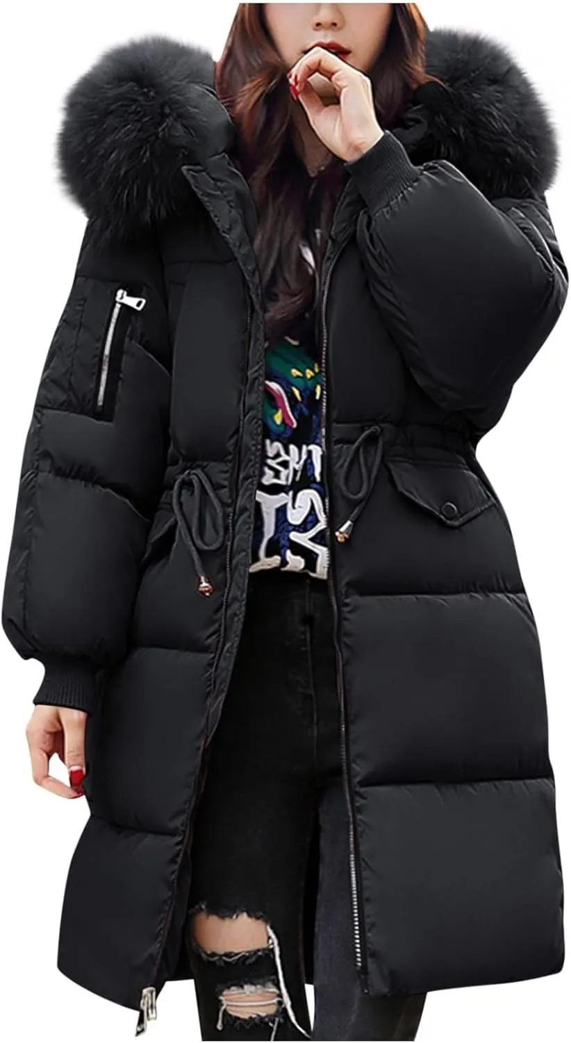 Womens Winter Coats 2024 Thicken Warm Puffer Jackets Long Sleeve Thermal Heavy Down Coat Parka with Faux Fur Hood