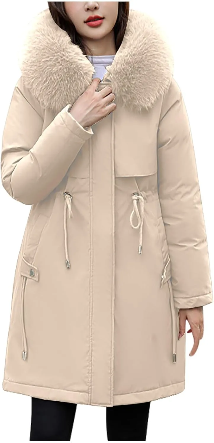 Women's Winter Quilted Coat Thick Warm Puffer Jacket Padded Down Coats With Fur Hood Knee Length Windproof Outerwear