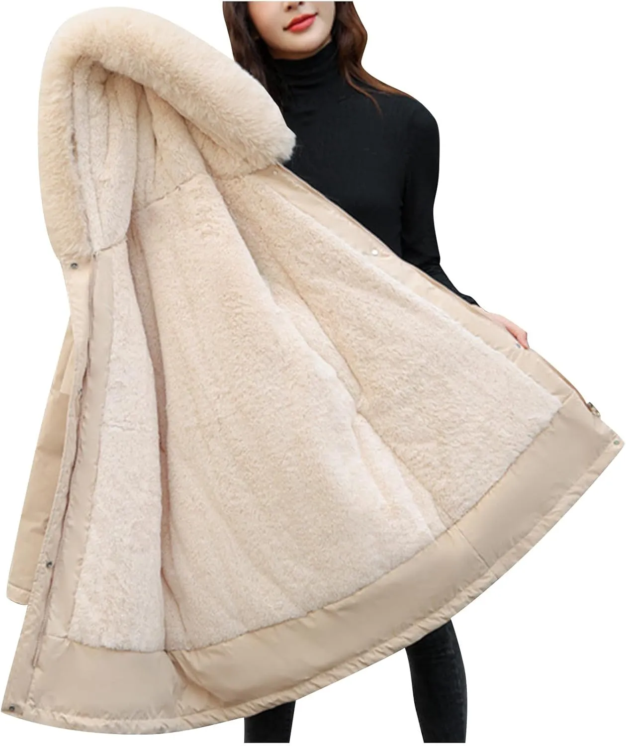 Women's Winter Quilted Coat Thick Warm Puffer Jacket Padded Down Coats With Fur Hood Knee Length Windproof Outerwear